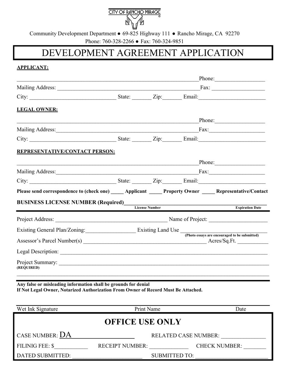 Development Agreement Application - City of Rancho Mirage, California, Page 1