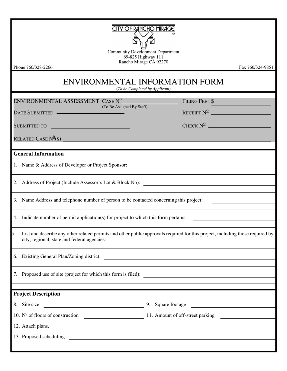 City of Rancho Mirage, California Environmental Information Form Fill