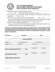 Home Occupation Permit Application - City of Rancho Mirage, California, Page 2