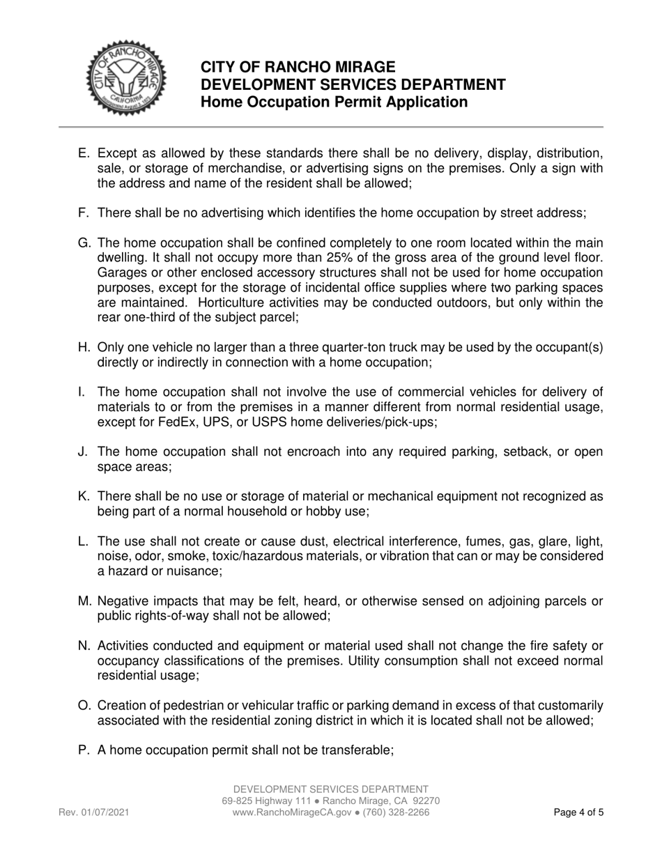 Home Occupation Permit Application - City of Rancho Mirage, California, Page 4