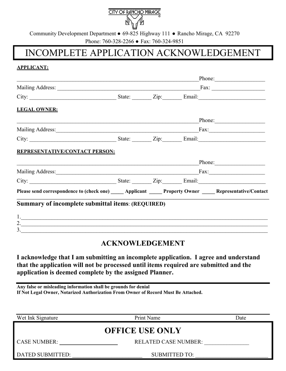Incomplete Application Acknowledgement - City of Rancho Mirage, California, Page 1