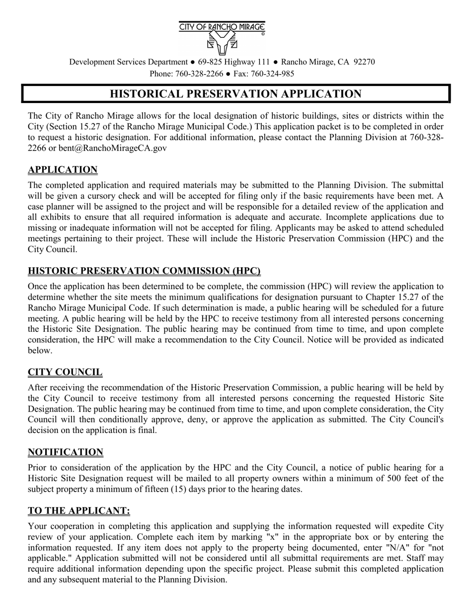 Historical Preservation Application - City of Rancho Mirage, California, Page 1