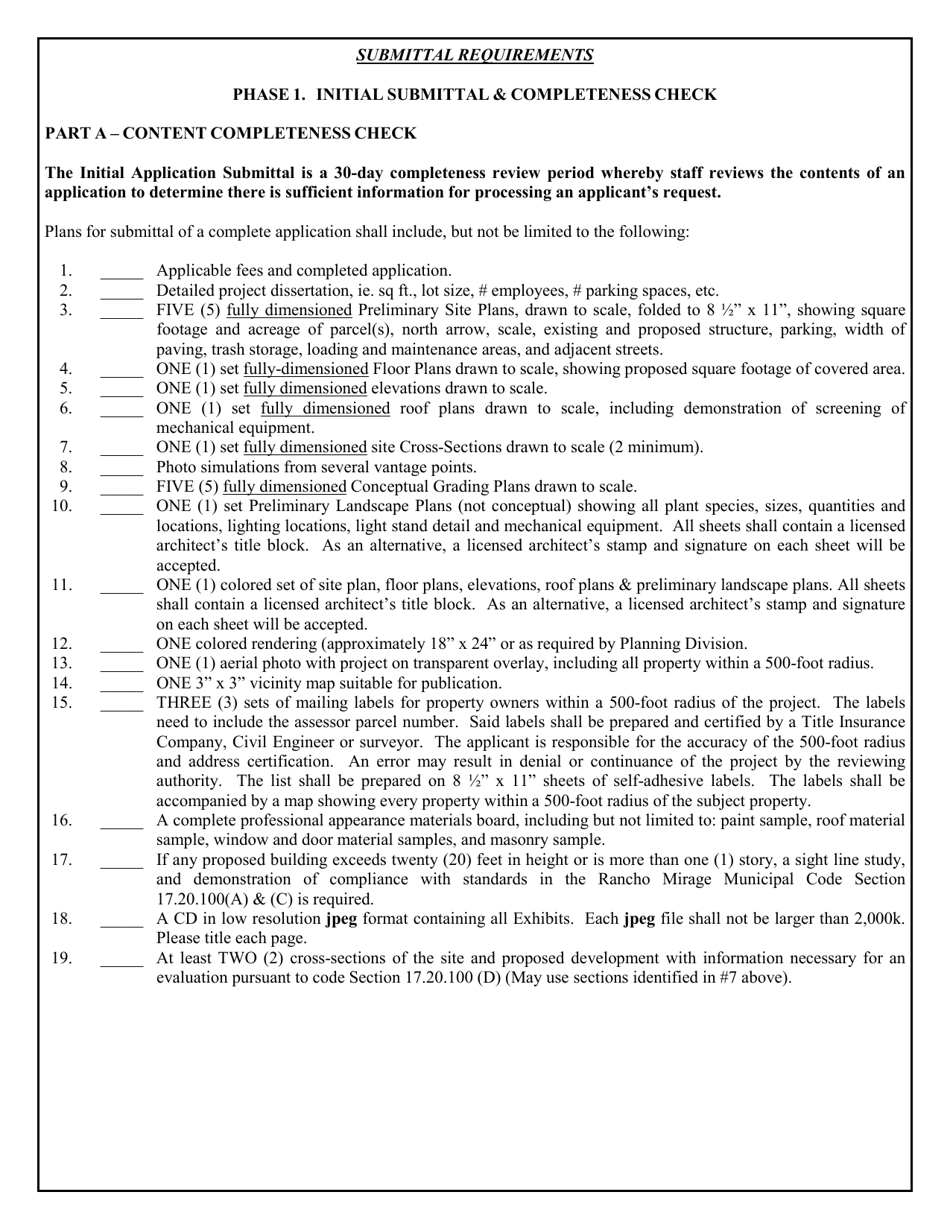 Preliminary Development Plan Submittal Requirements - City of Rancho Mirage, California, Page 1