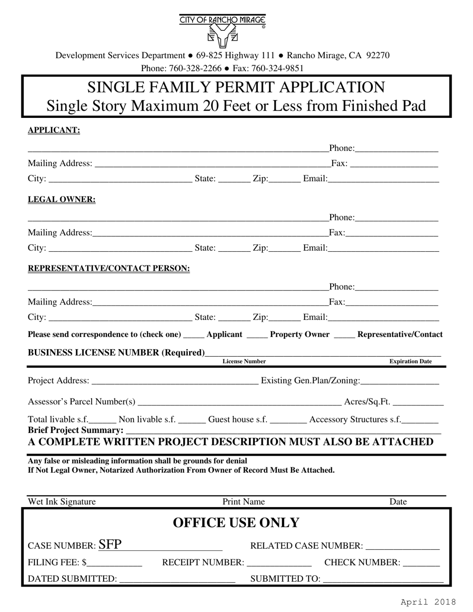Single Family Permit Application - Single Story Maximum 20 Feet or Less From Finished Pad - City of Rancho Mirage, California, Page 1
