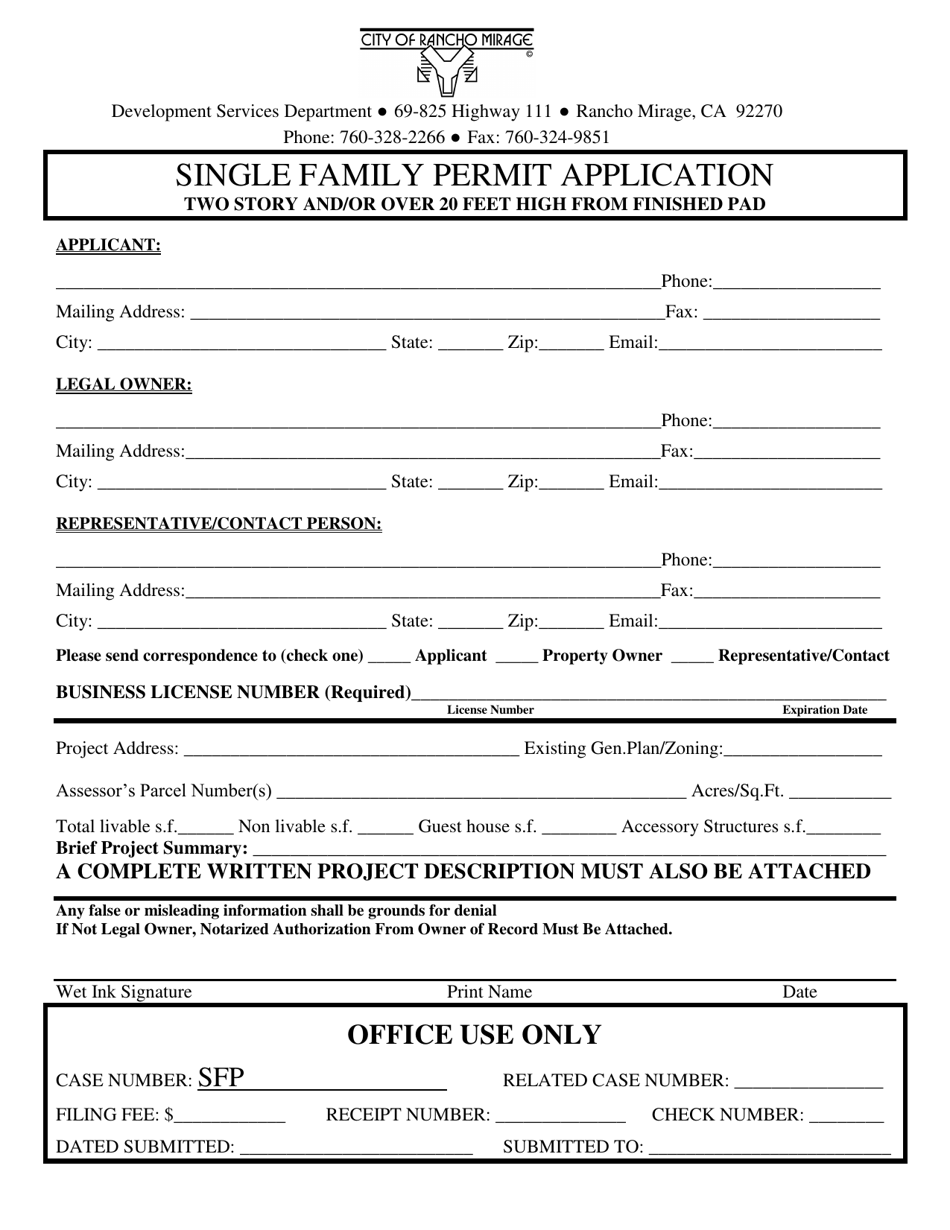 Single Family Permit Application - Two Story and / or Over 20 Feet High From Finished Pad - City of Rancho Mirage, California, Page 1