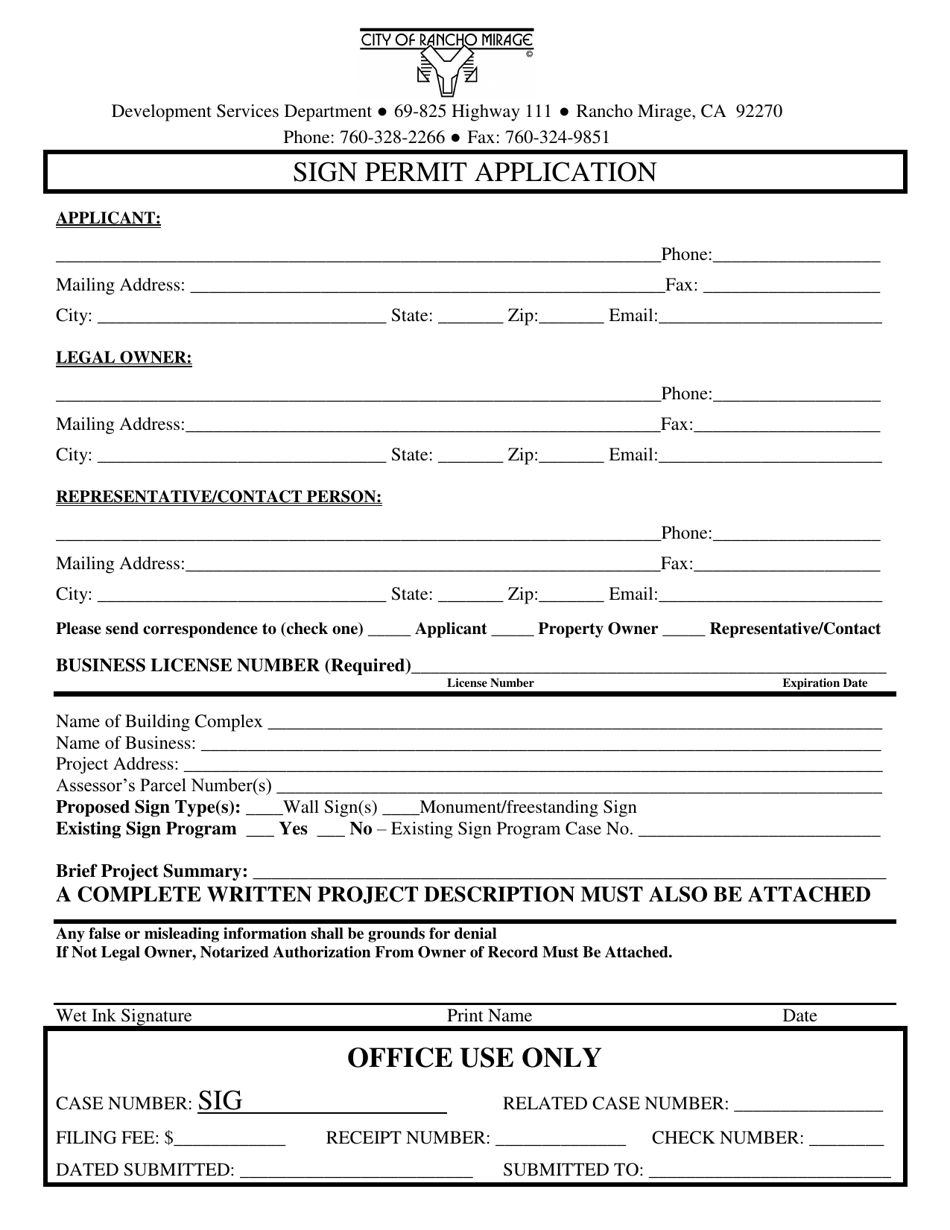 Sign Permit Application - City of Rancho Mirage, California, Page 1