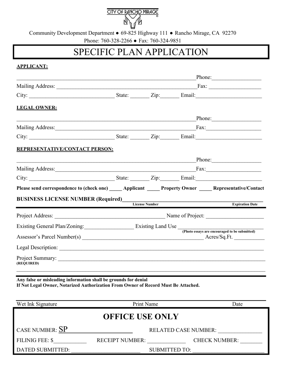 City of Rancho Mirage, California Specific Plan Application - Fill Out ...