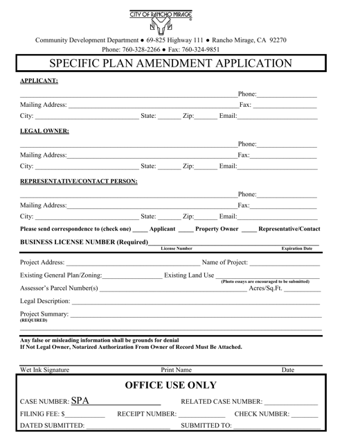 Specific Plan Amendment Application - City of Rancho Mirage, California