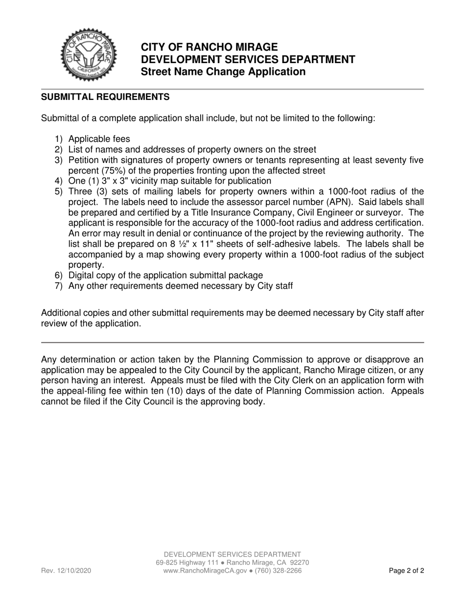 Street Name Change Application - City of Rancho Mirage, California, Page 2