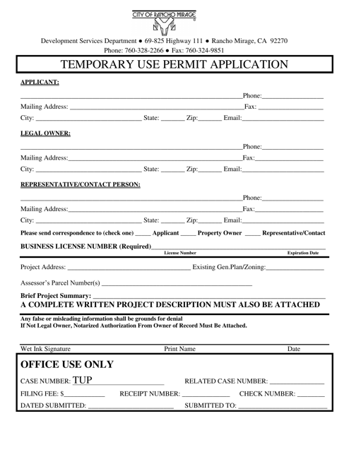Temporary Use Permit Application - City of Rancho Mirage, California