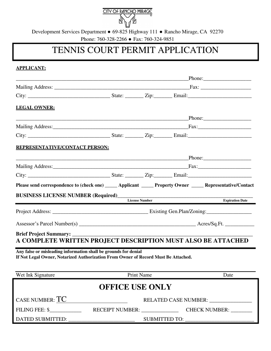 Tennis Court Permit Application - City of Rancho Mirage, California, Page 1