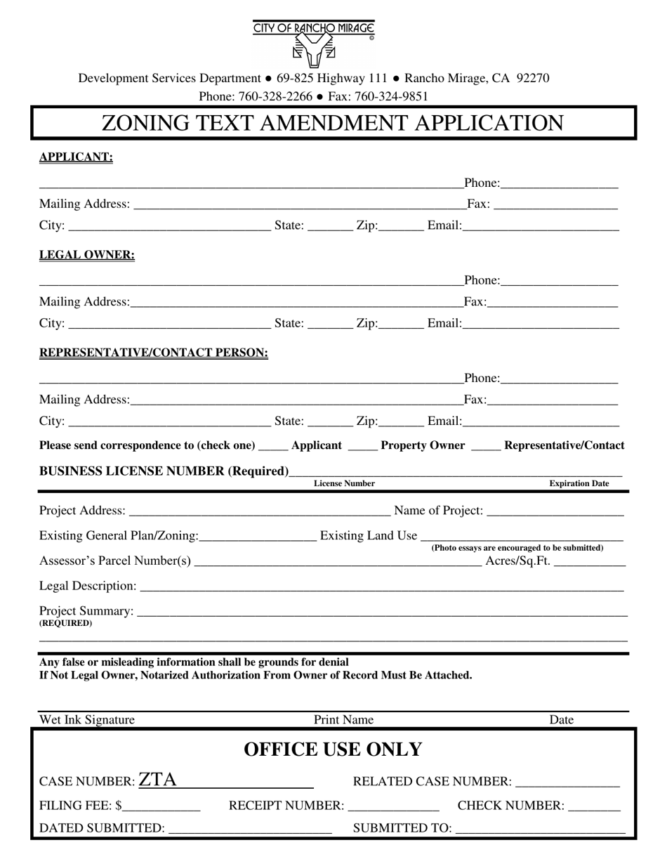 City of Rancho Mirage, California Zoning Text Amendment Application Download Printable PDF