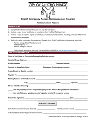 Document preview: Reimbursement Request - Sheriff Emergency Access Reimbursement Program - City of Rancho Mirage, California