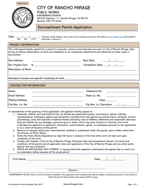 Encroachment Permit Application - City of Rancho Mirage, California Download Pdf