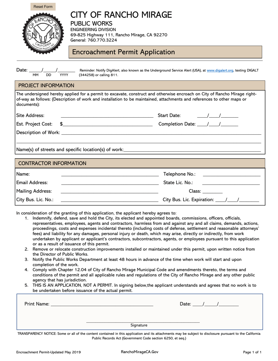 Encroachment Permit Application - City of Rancho Mirage, California, Page 1