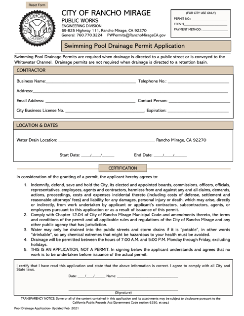 Swimming Pool Drainage Permit Application - City of Rancho Mirage, California Download Pdf