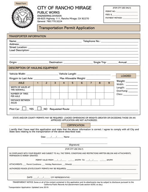 Transportation Permit Application - City of Rancho Mirage, California Download Pdf