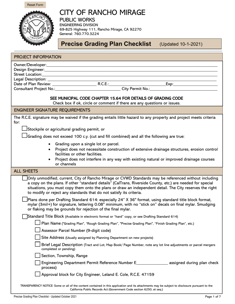 Precise Grading Plan Checklist - City of Rancho Mirage, California, Page 1