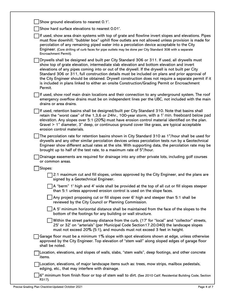Precise Grading Plan Checklist - City of Rancho Mirage, California, Page 4