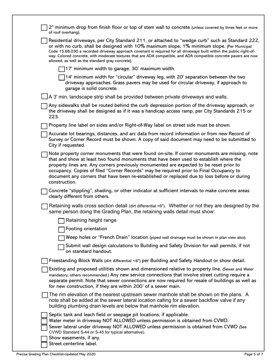 Precise Grading Plan Checklist - City of Rancho Mirage, California, Page 5