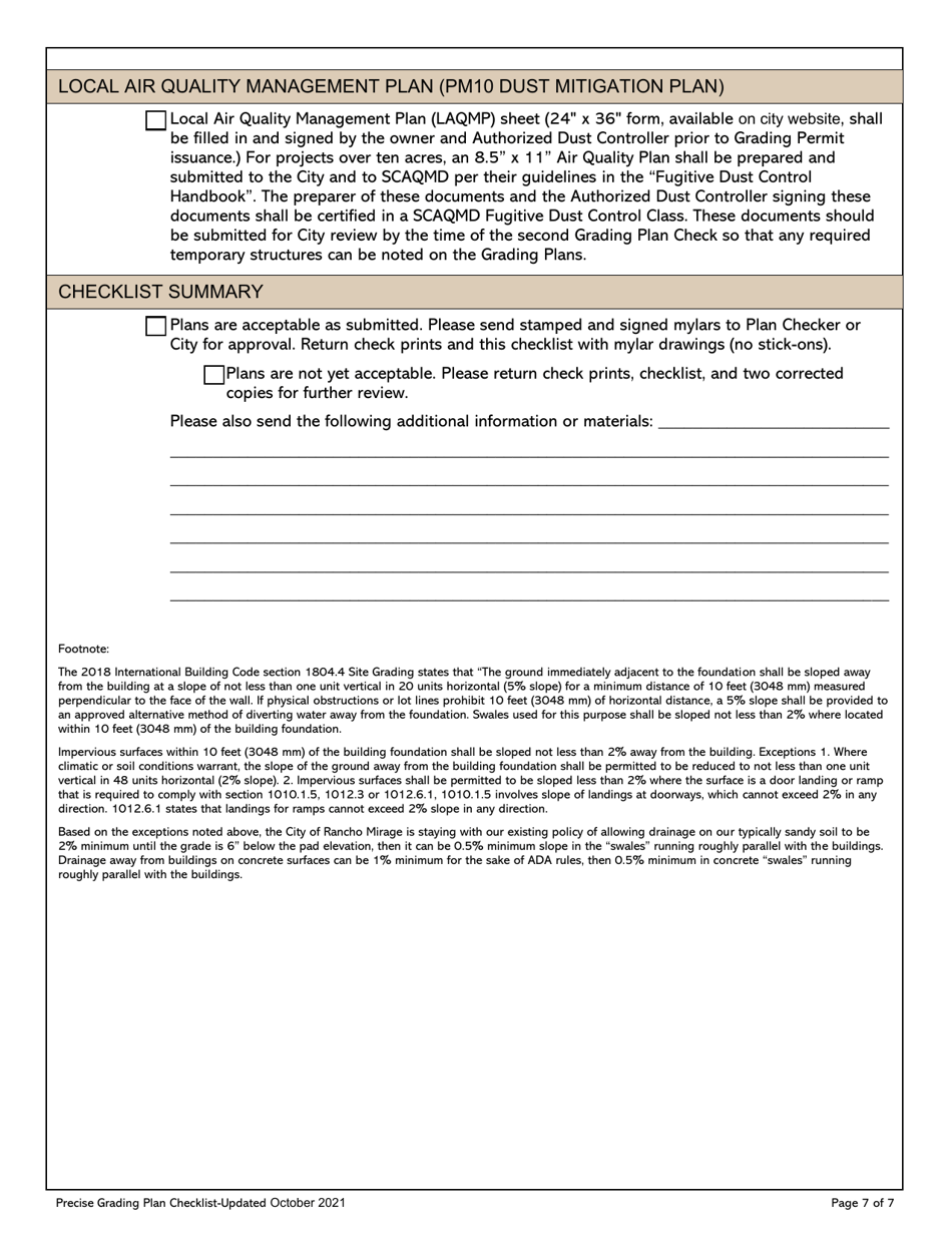 Precise Grading Plan Checklist - City of Rancho Mirage, California, Page 7