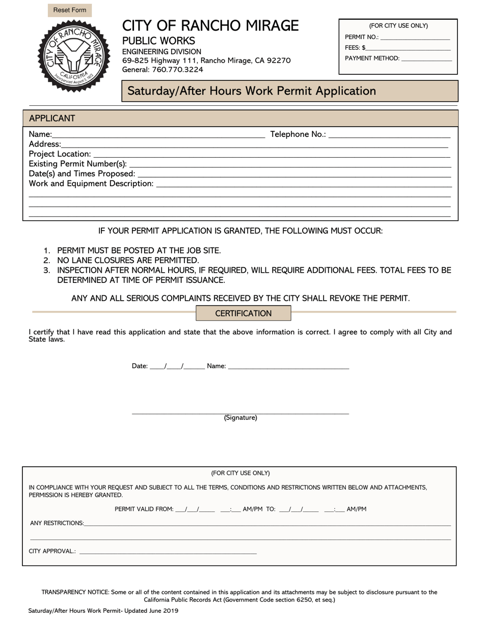 Saturday / After Hours Work Permit Application - City of Rancho Mirage, California, Page 1