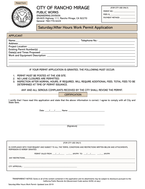 Saturday/After Hours Work Permit Application - City of Rancho Mirage, California