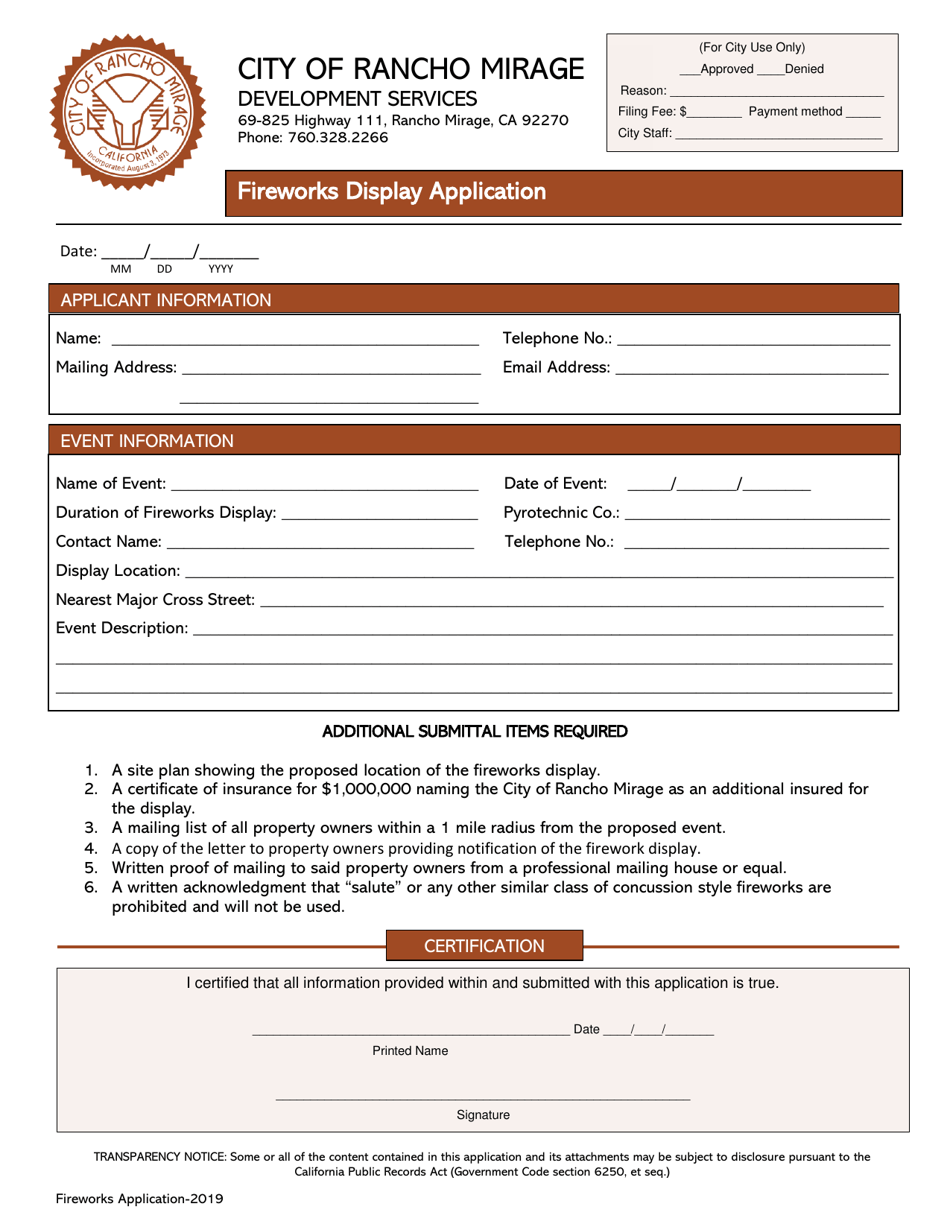 City of Rancho Mirage, California Fireworks Display Application - Fill ...