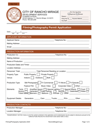 Document preview: Filming/Photography Permit Application - City of Rancho Mirage, California