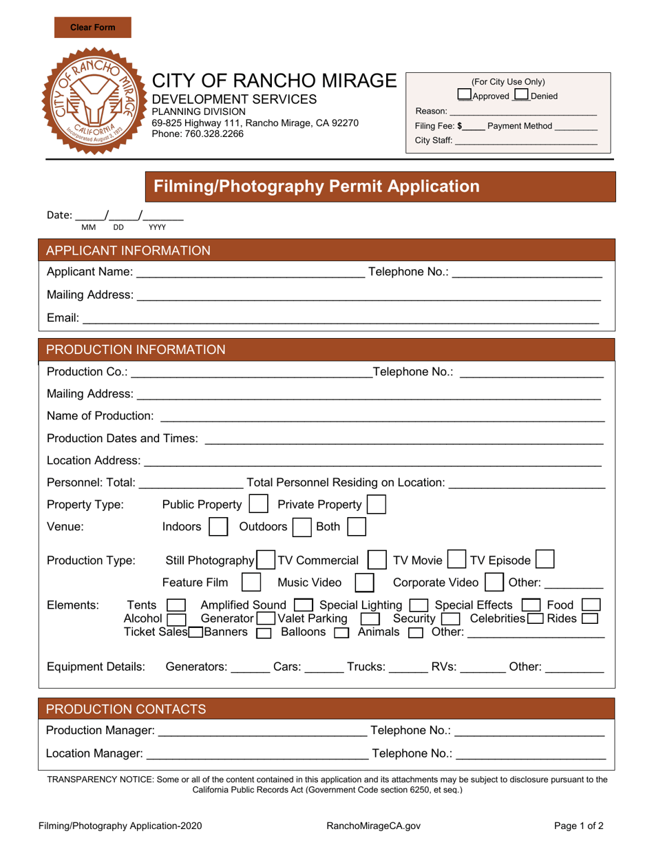 Filming / Photography Permit Application - City of Rancho Mirage, California, Page 1