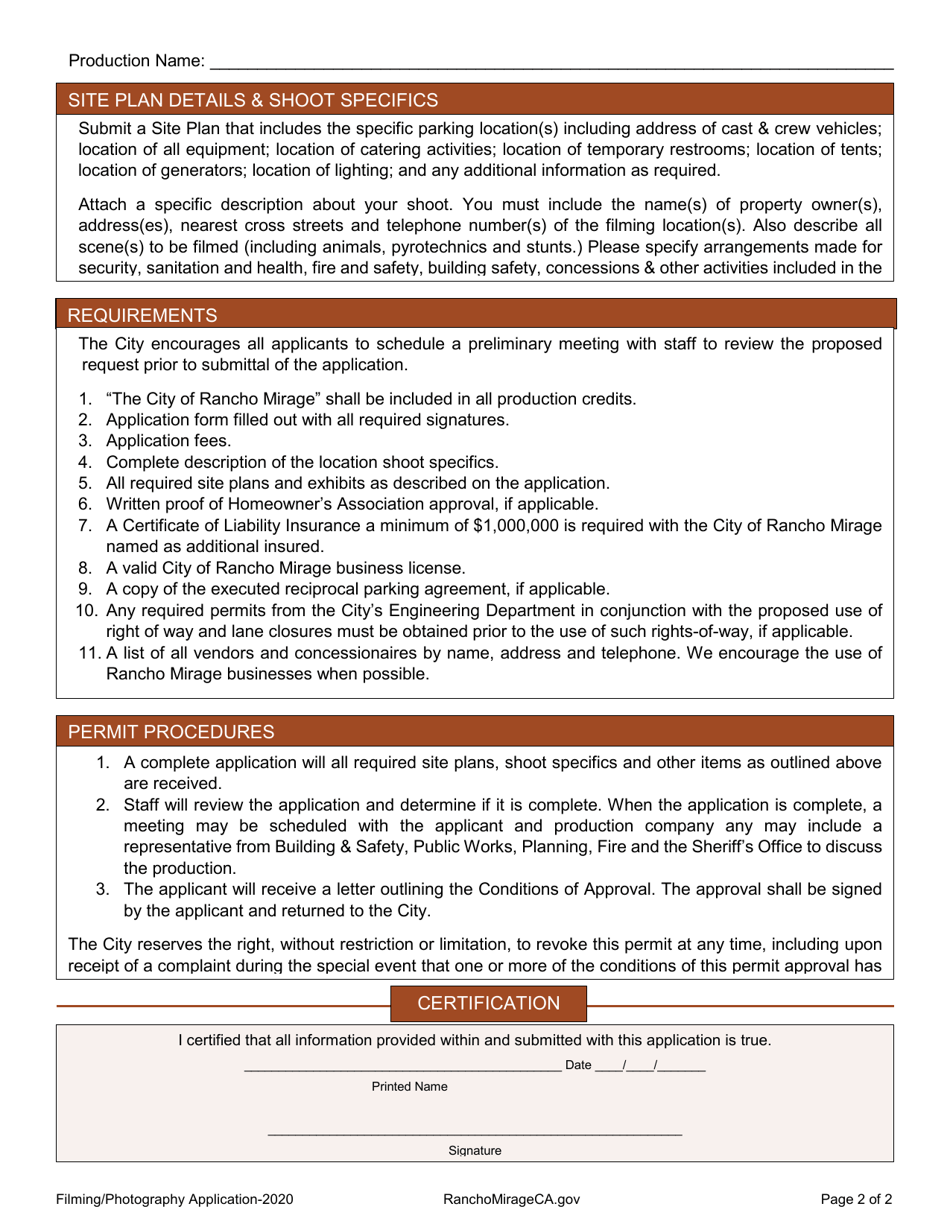 Filming / Photography Permit Application - City of Rancho Mirage, California, Page 2