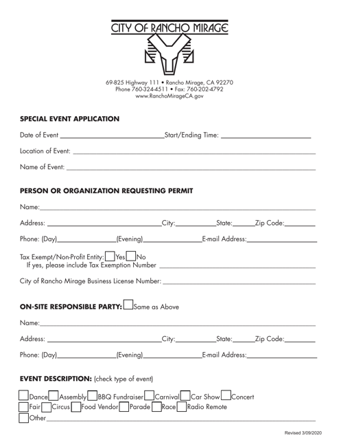 Special Event Application - City of Rancho Mirage, California Download Pdf