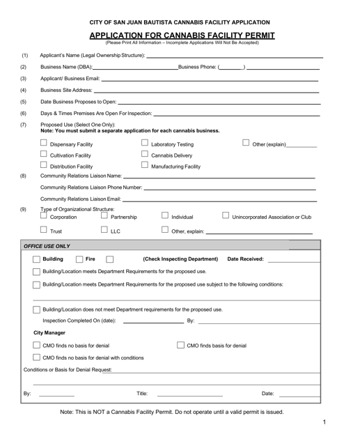 Application for Cannabis Facility Permit - City of San Juan Bautista, California