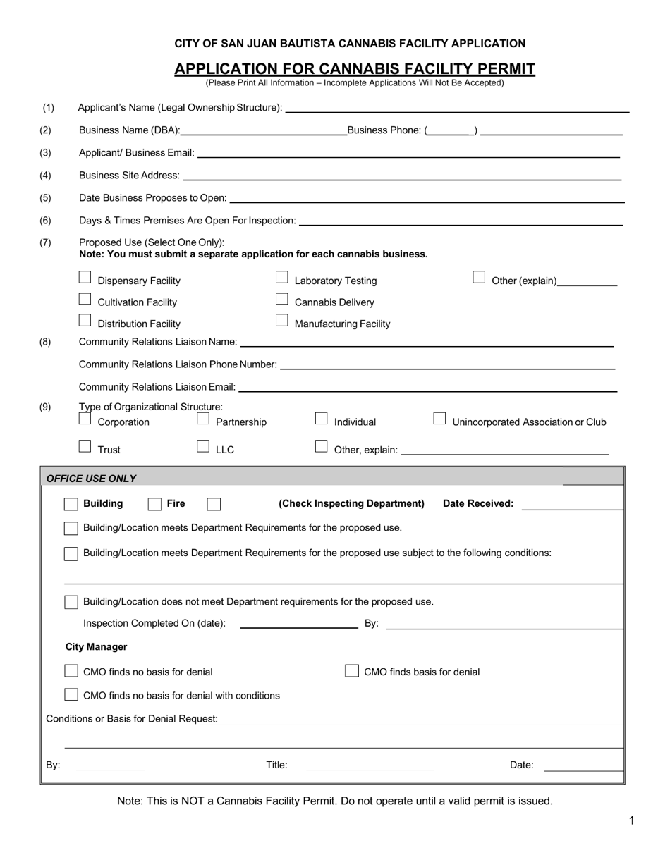 City of San Juan Bautista, California Application for Cannabis Facility ...