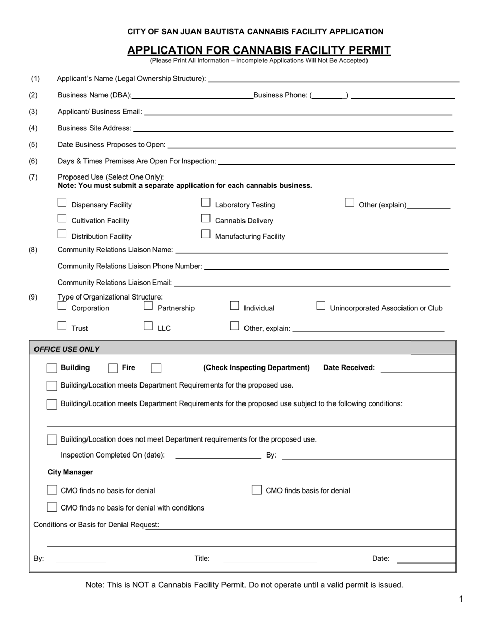 Application for Cannabis Facility Permit - City of San Juan Bautista, California, Page 1