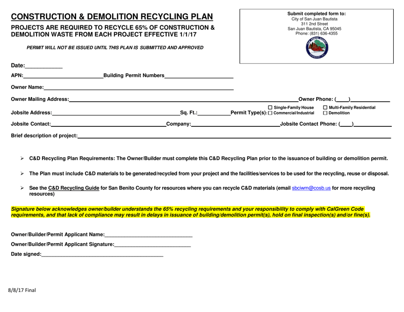 Construction & Demolition Recycling Plan - City of San Juan Bautista, California Download Pdf
