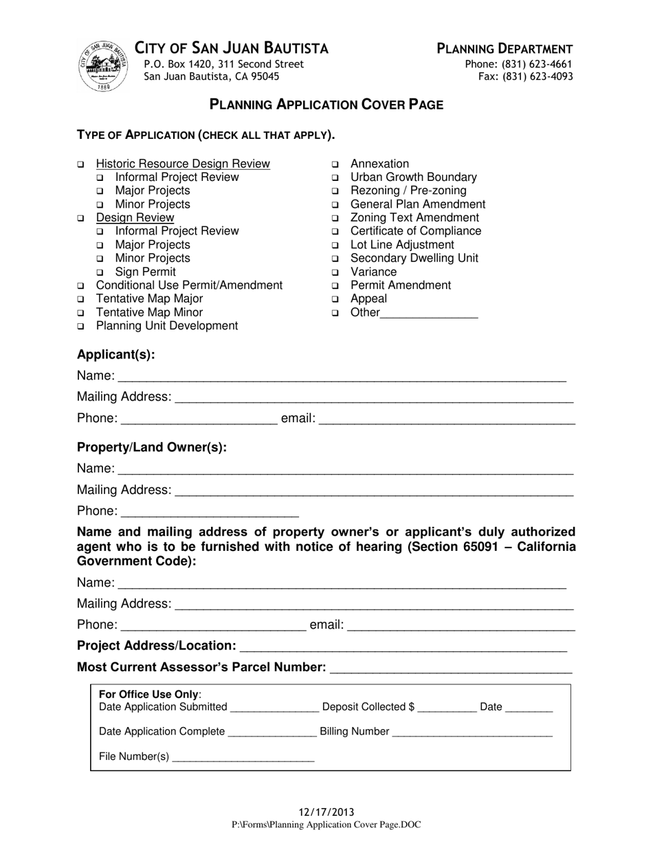 Planning Application Cover Page - City of San Juan Bautista, California, Page 1