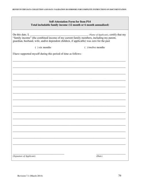 Self-attestation Form for Item P14 - Total Includable Family Income (12 Month or 6 Month Annualized) - North Carolina Download Pdf