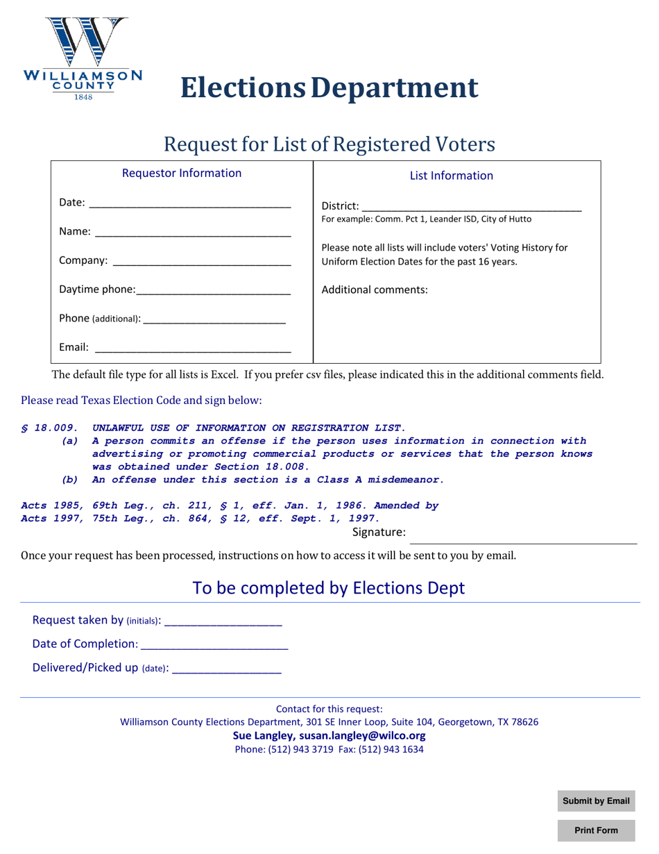 Request for List of Registered Voters - Williamson County, Texas, Page 1