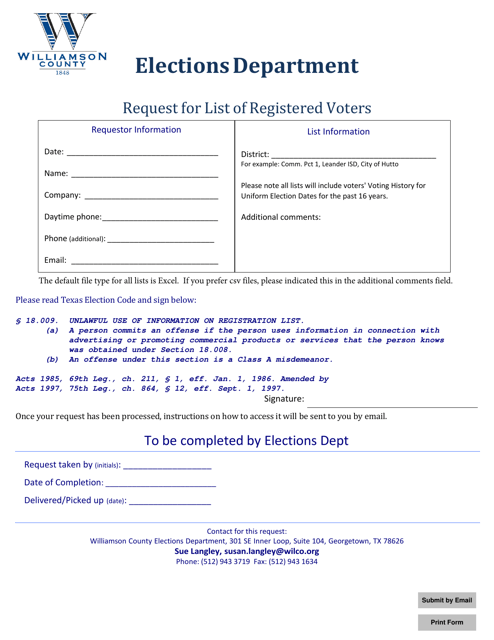 Request for List of Registered Voters - Williamson County, Texas