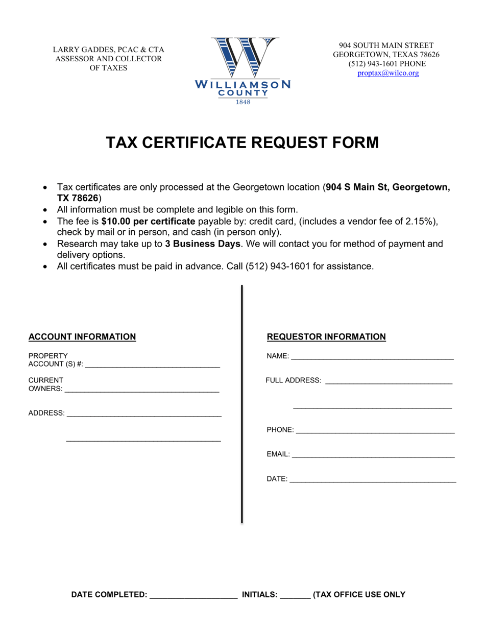 Williamson County, Texas Tax Certificate Request Form Download Fillable