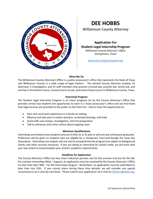 Application for Student Legal Internship Program - Williamson County, Texas Download Pdf
