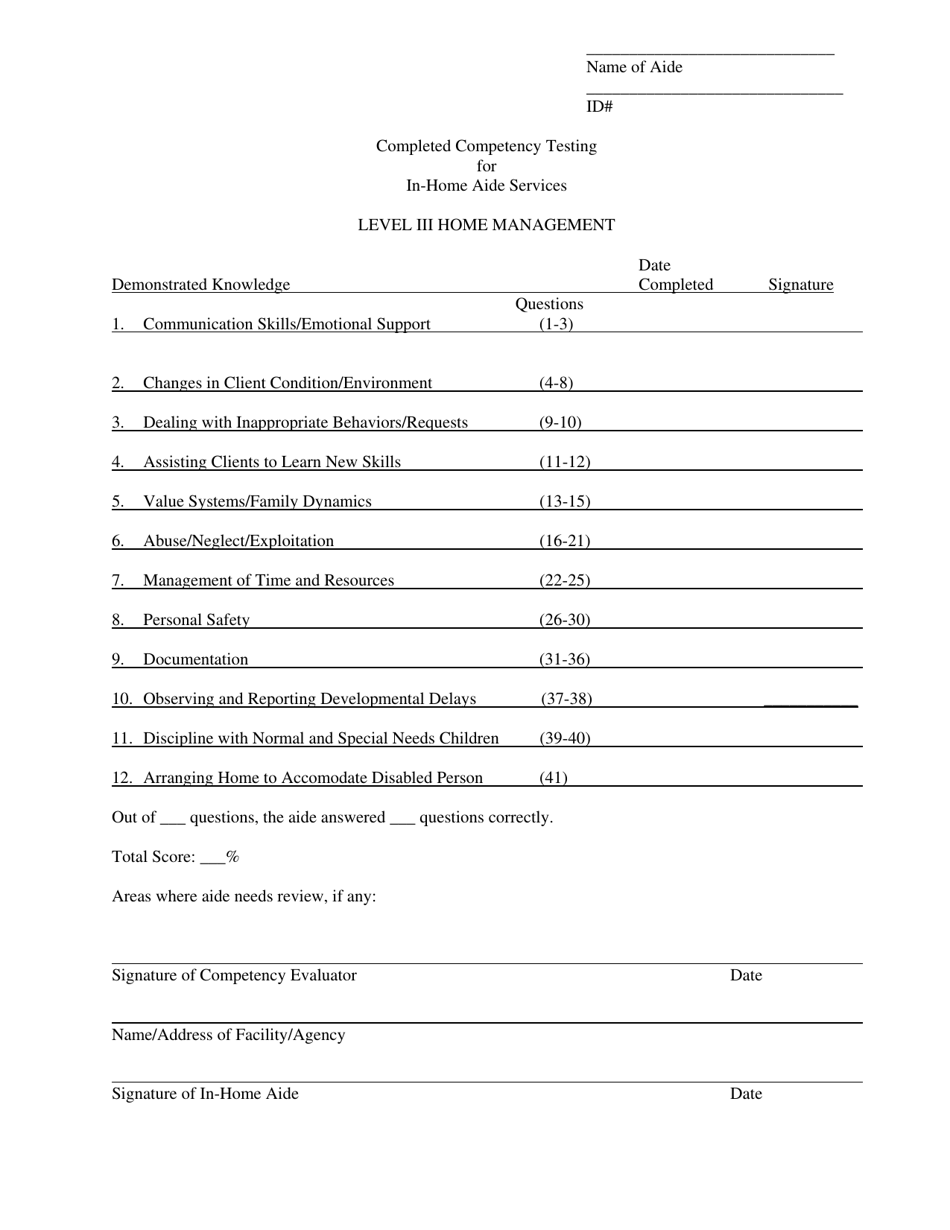 North Carolina Completed Competency Testing for inHome Aide Services Level 3 Home