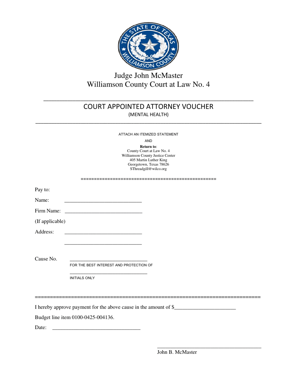 Court Appointed Attorney Voucher (Mental Health) - Court at Law Four - Williamson County, Texas, Page 1