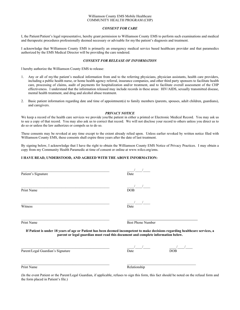 Consent  Refusal Form - Community Health Program (Chp) - Williamson County, Texas, Page 1