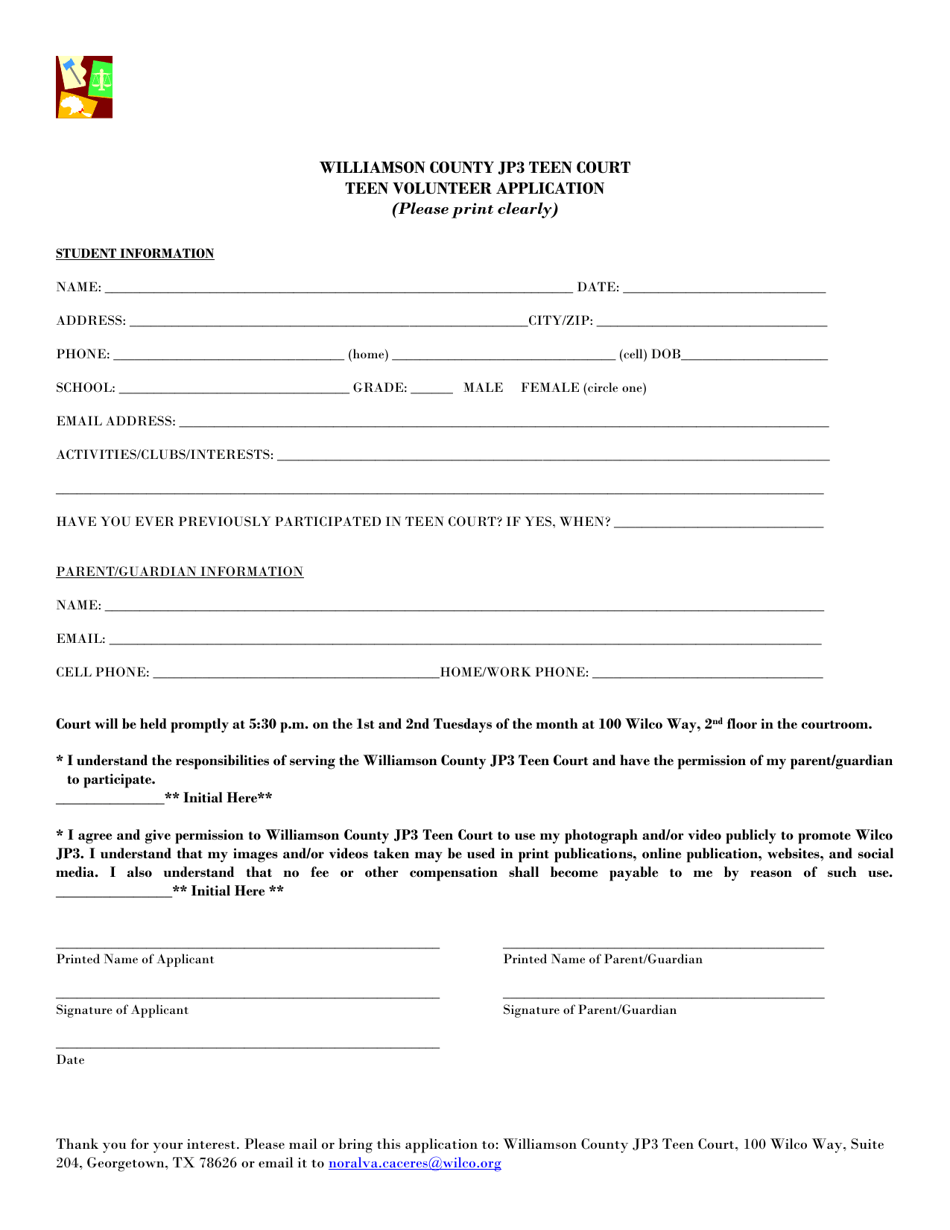 Teen Volunteer Application - Precinct Three - Williamson County, Texas, Page 1