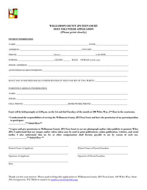 Teen Volunteer Application - Precinct Three - Williamson County, Texas Download Pdf