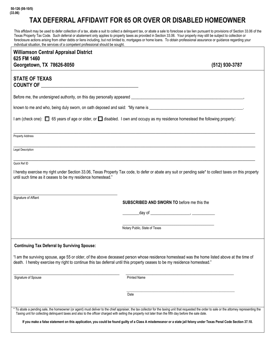 Form 50-126 Tax Deferral Affidavit for 65 or Over or Disabled Homeowner - Williamson County, Texas, Page 1