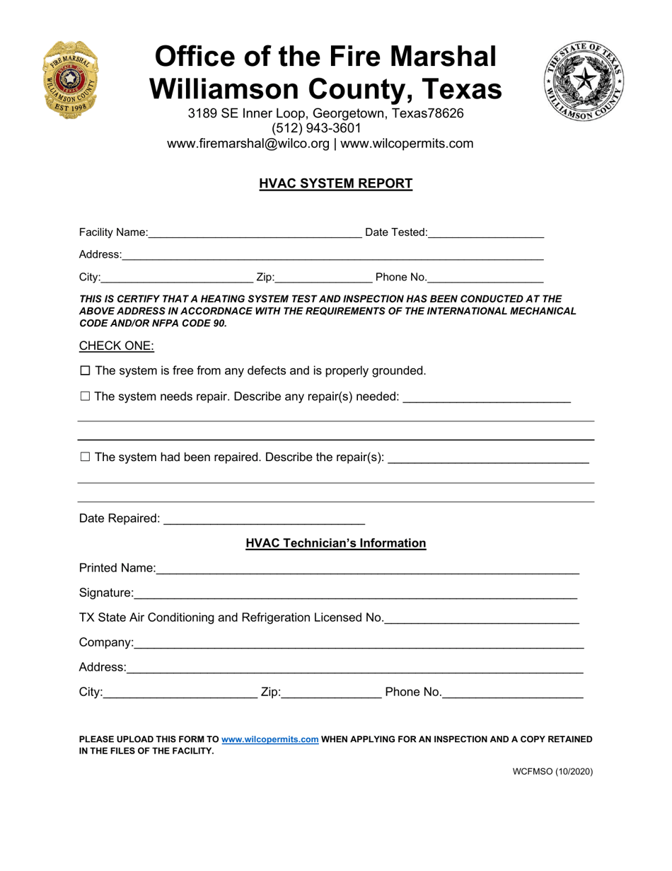 Williamson County, Texas HVAC System Report Fill Out, Sign Online and