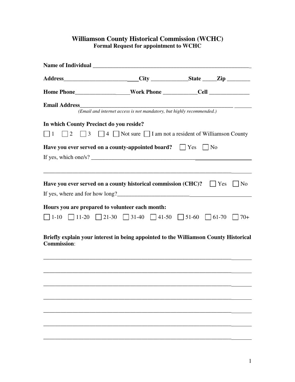 Williamson County, Texas Formal Request for Appointment to Williamson